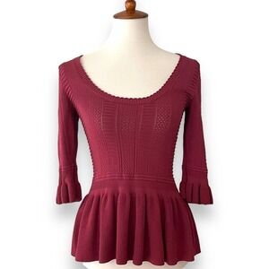 Torn by Ronny Kobo Maroon Mauve Knit 3/4 Sleeve Scoop Neck Peplum Top S